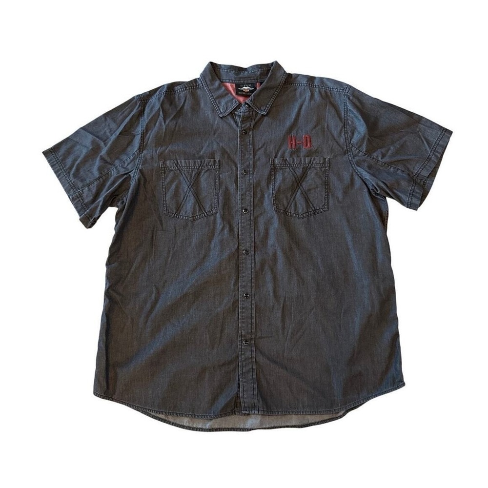 Harley Davidson Mens Biker Button Down Shirt Embroidered 2XL Black Short Sleeve